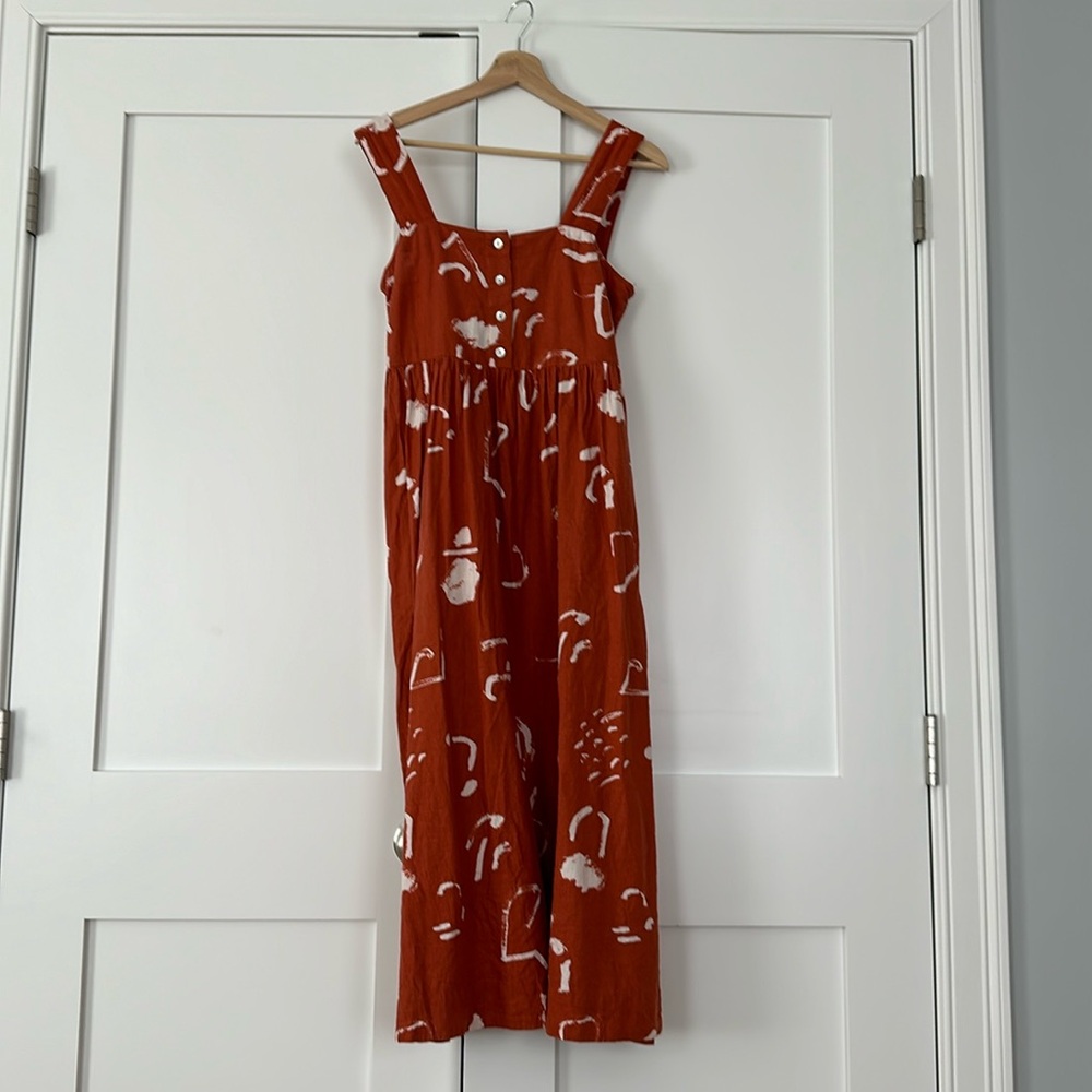 Orange and white abstract print linen midi dress